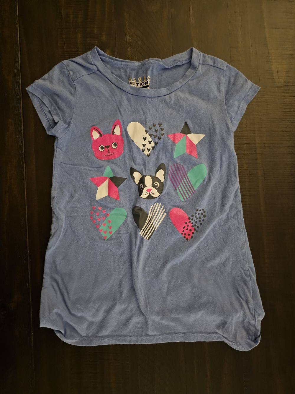 Basic Editions Blue Tee with Hearts, Stars & Cute Animal Faces